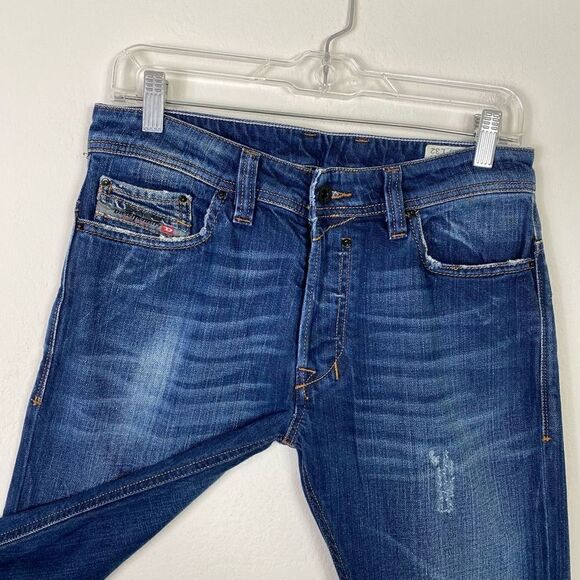 (28 Short) Diesel Men’s Safado Dark Wash Distressed Patched Jeans - Picture 3 of 9